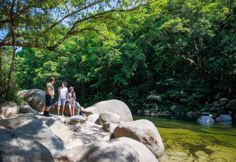 Visitors beside rainforest and granite boulders at Mossman Gorge