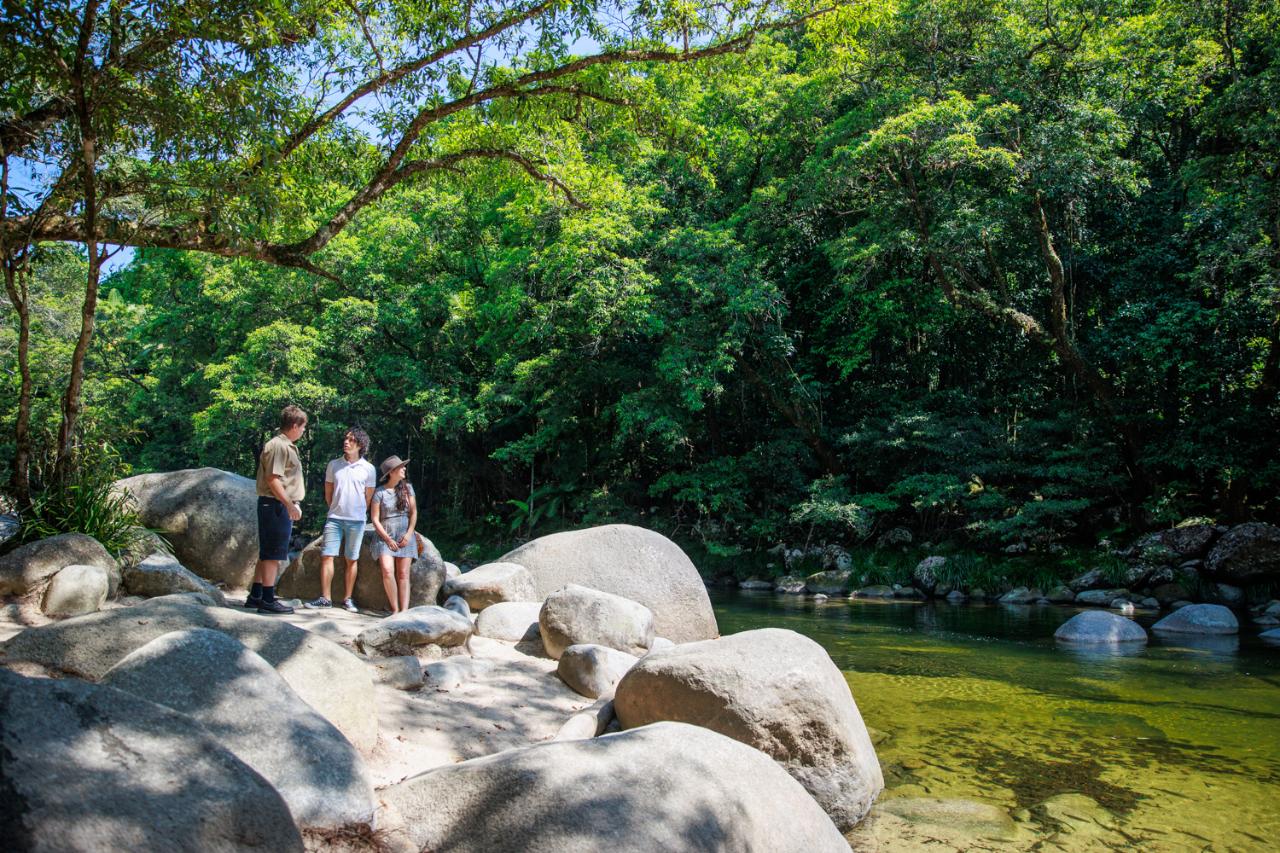 Visitors beside rainforest and granite boulders at Mossman Gorge