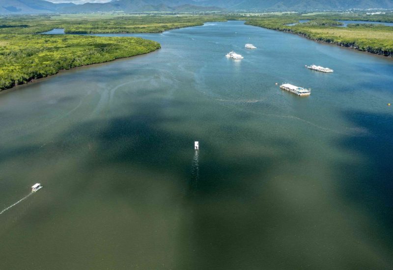 Boats on Trinity Inlet surrounded by mangroves and mountains near Cairns
