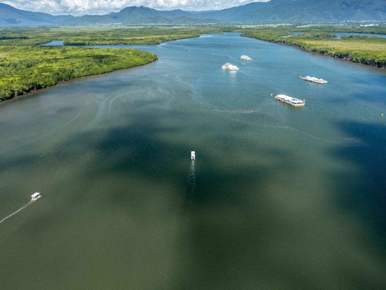 Boats on Trinity Inlet surrounded by mangroves and mountains near Cairns